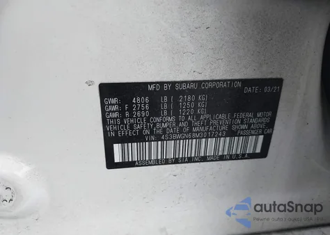 2021 Subaru Legacy Limited Xt from USA, damaged, VIN 4S3BWGN68M3017243